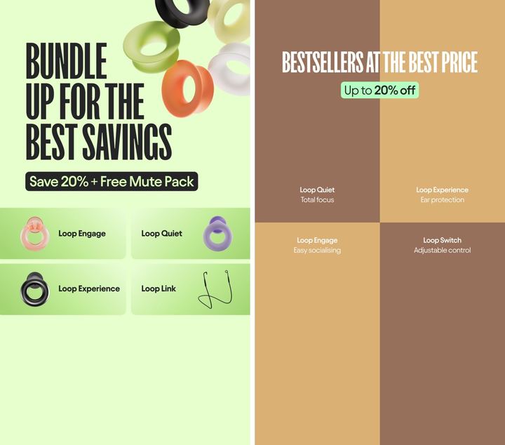 Two of Loop's June paid social ads: tall condensed headlines, a pill-shaped offer, small support lines