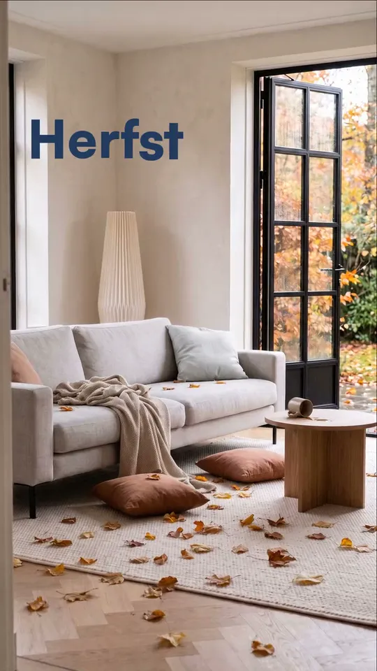 Film B: autumn leaves across a living room before the room tidies itself
