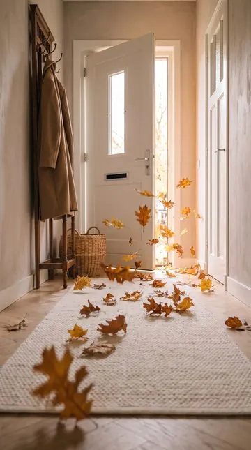 The front door open on a hall, autumn leaves blowing in over the rug