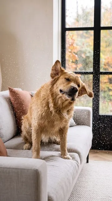 A wet golden dog shaking itself on a pale sofa
