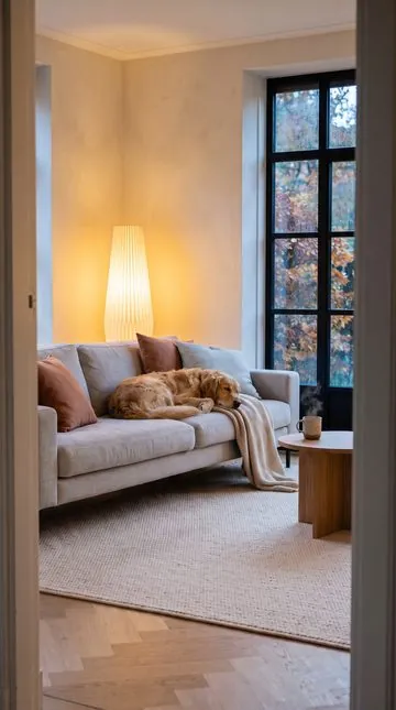 The living room in the evening, clean, the dog asleep on the sofa